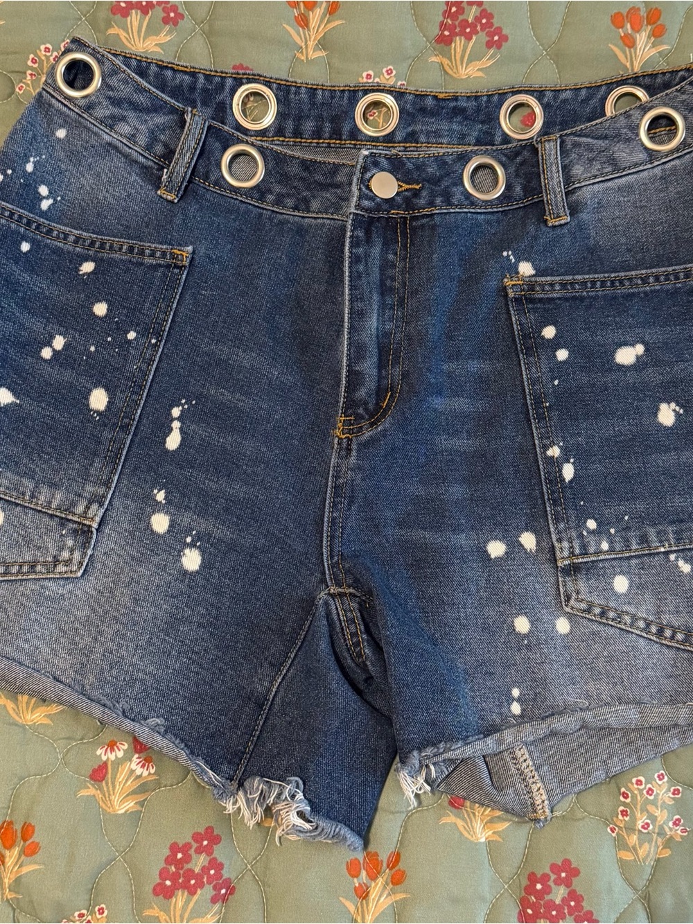 Dark Blue Distressed Denim Women's Shorts with Grommet Waist